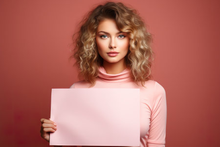 A woman holding a blank sign in front of her face. Generative AI. 70s fashion style, retro styled image. Copy space, place for text on paper.の素材