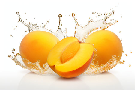 A group of apricots with a splash of water or juice. Generative AI. Isolated on white background.の素材