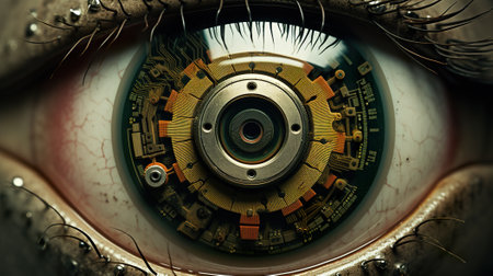 A close up of a persons eye with a digital security camera in the center. Generative AI.の素材