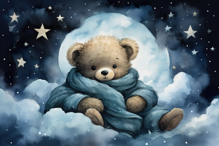 A painting of a teddy bear wearing a scarf. Generative AI. Cute card, sweet dreams among the clouds.の素材