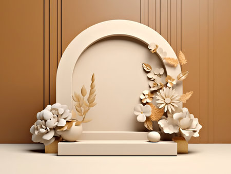A white arch with flowers and leaves on it. Generative AI. Monochromatic natural beige and golden color shades.の素材