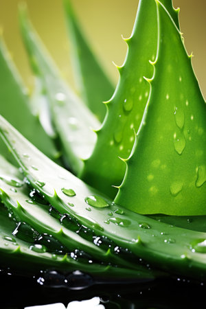 A close up of an aloe vera with water splashing on it. Generative AI.の素材
