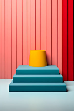 A blue platform with a yellow pedestal in front of a red wall. Generative AI.の素材