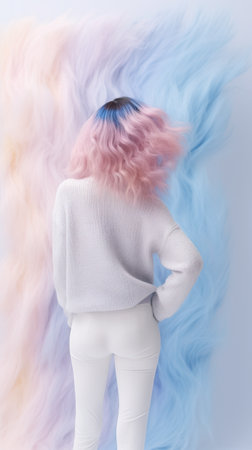 A woman with pink hair and a white sweater. Generative AI.の素材