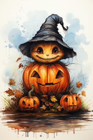 A drawing of a cat in a witch"s hat and pumpkins. Generative AI. Halloween background. Halloween background.の素材