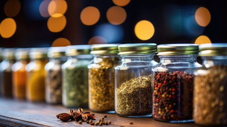 A row of glass jars filled with spices. Generative AI.の素材