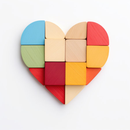 A heart made out of wooden blocks on a white surface. Generative AI. Happy Valentines day.の素材