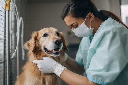 Veterinarian, Latino animal doctor checking a dog at a vet clinic, AI generative image.の素材
