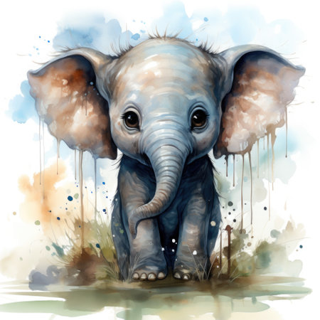 A painting of a baby elephant standing in the grass. Generative AI.の素材