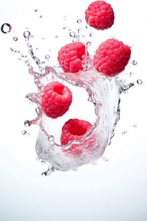 Three raspberries are splashing into the water. Generative AI.の素材