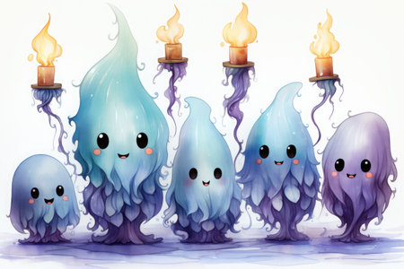 A very cute little blue Halloween Ghost creatures. Generative AI.の素材