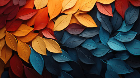 A close up of a bunch of colorful leaves. Generative AI. Vibrant Autumn, Fall background.の素材
