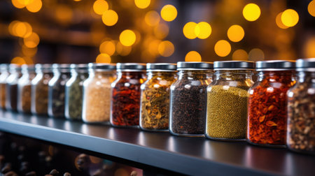 A row of jars filled with different types of spices. Generative AI.の素材