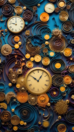 A clock surrounded by many different types of paper art. Generative AI.の素材