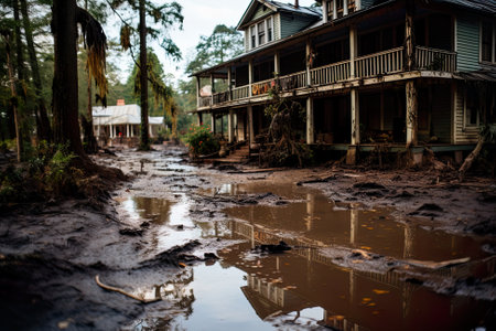 A muddy road with a house in the background. Generative AI.の素材