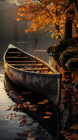 A canoe sitting on top of a calm lake with reflection. Generative AI.の素材
