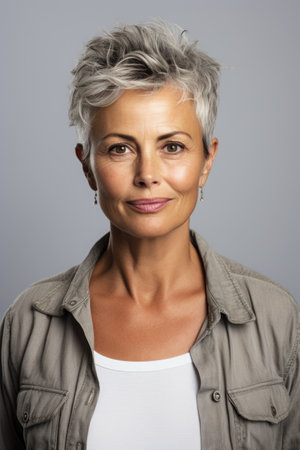 A woman with grey hair and a white shirt. Generative AI.の素材