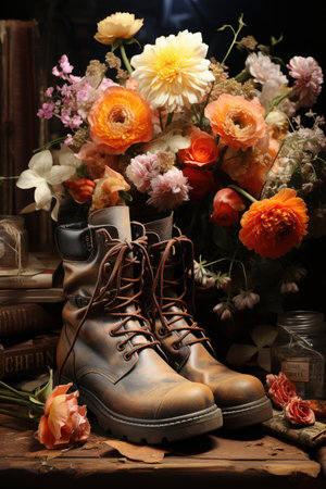 Flower arrangement with a pair of old leather boots, happy birthday greeting card design.の素材