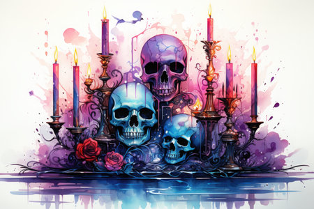 A drawing of a group of skulls and candles. Generative AI. Halloween skulls on spooky background.の素材
