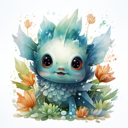 A blue and green dragon sitting in the grass. Generative AI.の素材