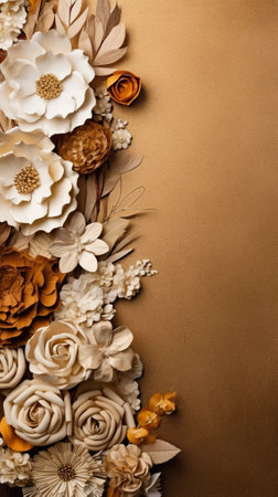 A close up of paper flowers on a brown background. Generative AI.の素材