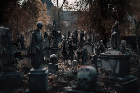 A group of undead unquiet zombie skeletons in a cemetery. AI generative Halloween display.の素材