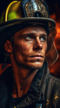A man wearing a firemans hat and goggles. Generative AI.の素材