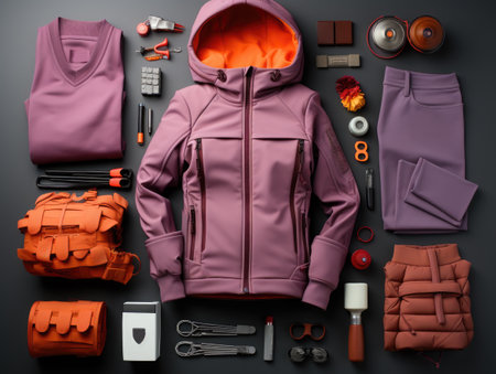 A variety of clothing and accessories laid out on a table. Generative AI. Outdoor and adventure clothing brand, various items, knolling, top view, flat lay overhead.の素材