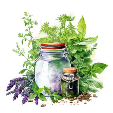 A painting of a glass jar with herbs. Generative AI.の素材