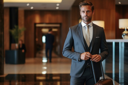 Elegant hotel guest, man in suit in hotel lobby. Generative AI.の素材