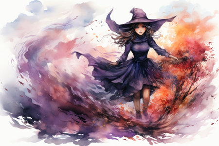A painting of a person in a witch costume. Generative AI. Halloween illustration.の素材