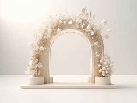 An arch with flowers, white mockup display, product display pedestal, off white stage design, AI generativeの素材