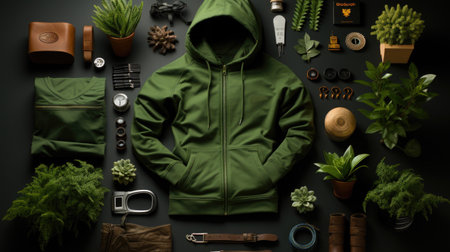 A green hoodie is surrounded by various items on a table. Generative AI. Outdoor and adventure clothing brand, various items, knolling, top view, flat lay overhead.の素材