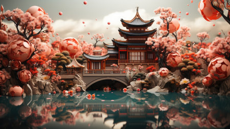 A bridge over a body of water surrounded by trees. Generative AI.の素材