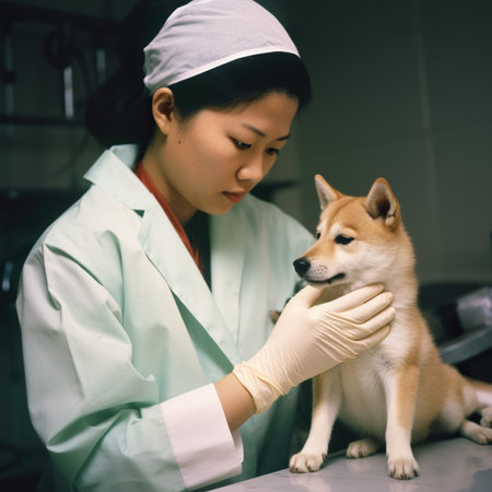 Veterinarian, an Asian animal doctor checking shiba inu pup at a vet clinic, generative AI image.の素材