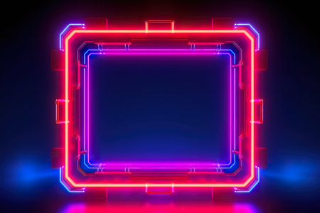A neon frame in the middle of a dark room. Generative AI.の素材