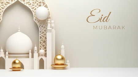 A white and gold mosque with golden eggs. Generative AI. Eid Mubarak.の素材