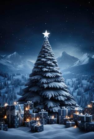 A christmas tree is surrounded by presents in the snow. Generative AI.の素材