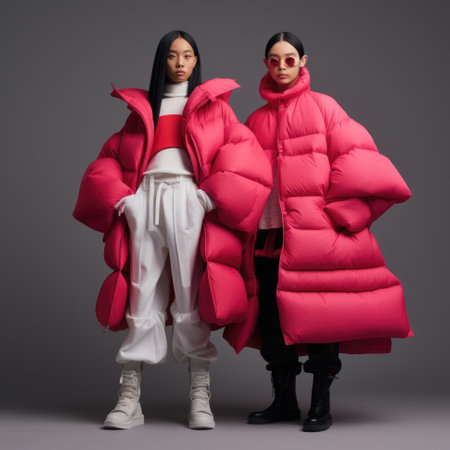 Two women standing next to each other wearing pink coats. Generative AI.の素材