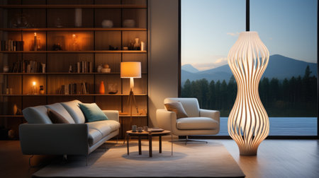 A living room filled with furniture and a large window. Generative AI.の素材