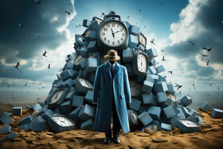 A man standing in front of a pile of clocks. Generative AI.の素材