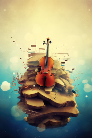 A violin sitting on top of a pile of music notes. Generative AI.の素材