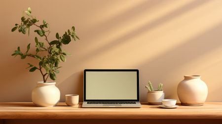 A laptop computer sitting on top of a wooden table. Generative AI.の素材