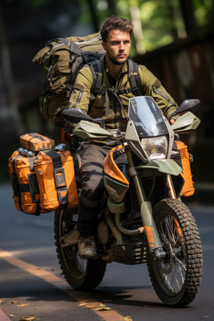 A man riding a motorcycle with a backpack on the back. Generative AI.の素材