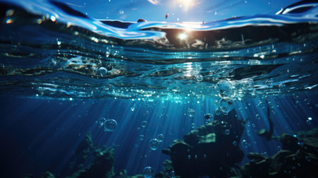 The sun shines brightly through the waters bubbles. Generative AI.の素材