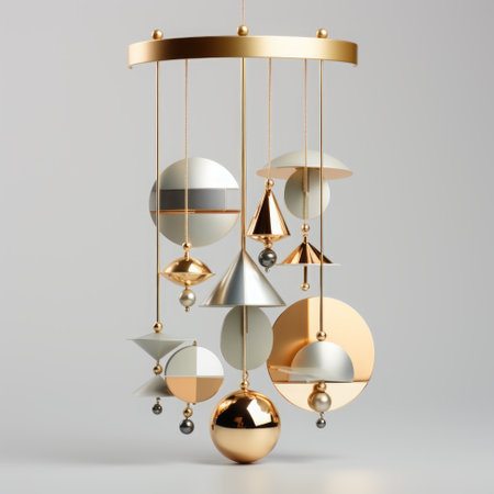 A gold and silver mobile hanging from a ceiling. Generative AI.の素材