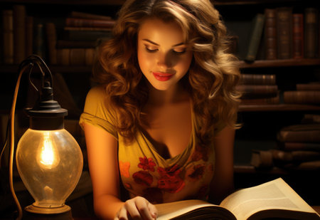 A woman reading a book in a library. Generative AI.の素材