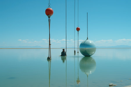 A man sitting in the middle of a body of water. Generative AI.の素材