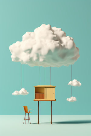 A chair and a table under a cloud. Generative AI.の素材