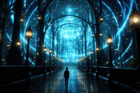 A man is walking down a walkway in the dark. Generative AI.の素材